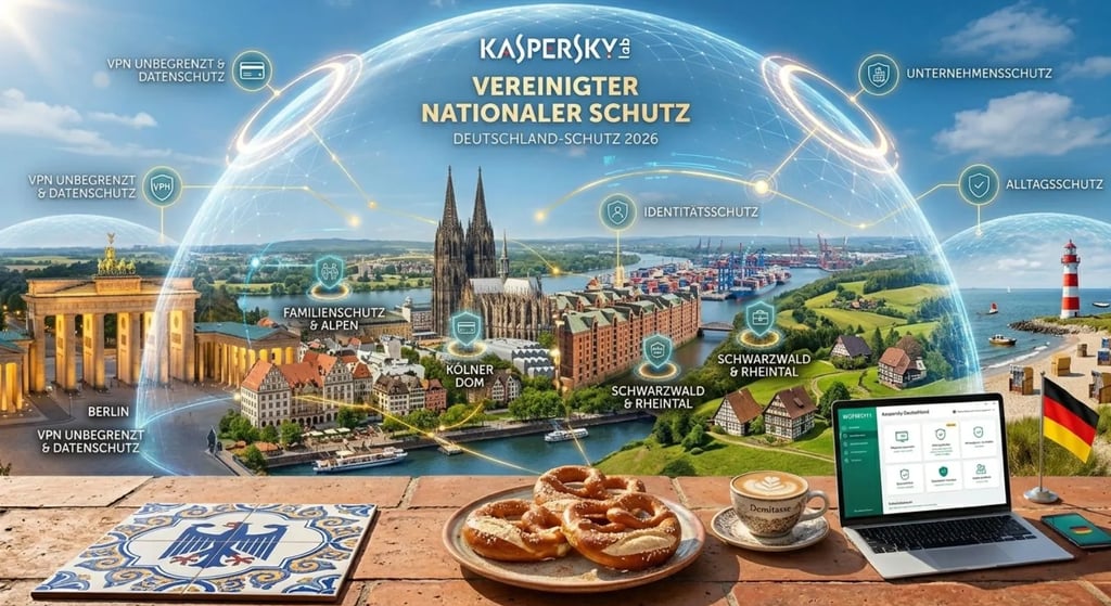 Kaspersky Schutz über Deutschland mit Brandenburger Tor, Kölner Dom und Brezel. Sicherer digitaler Alltag 2026.