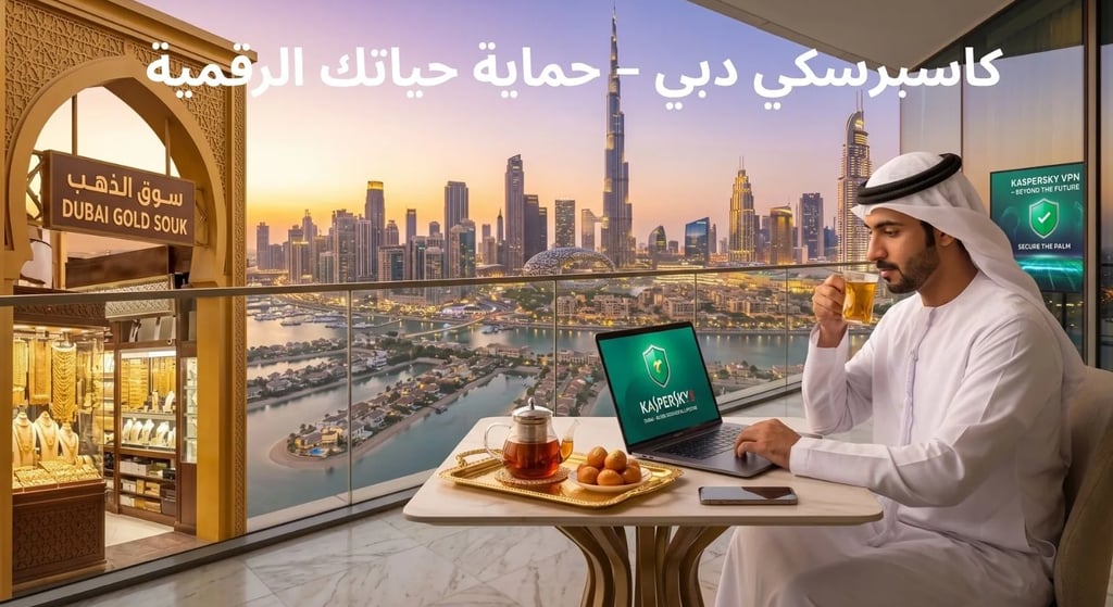 حماية كاسبرسكي دبي على شرفة فاخرة تطل على برج خليفة وأفق مرسى دبي.