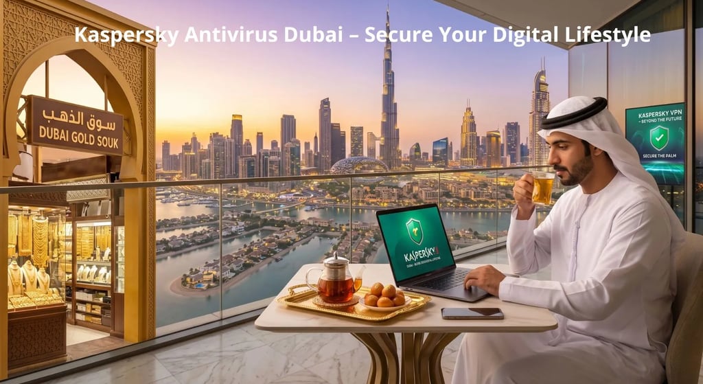 Kaspersky Dubai protection on a luxury terrace overlooking Burj Khalifa and Dubai Marina skyline