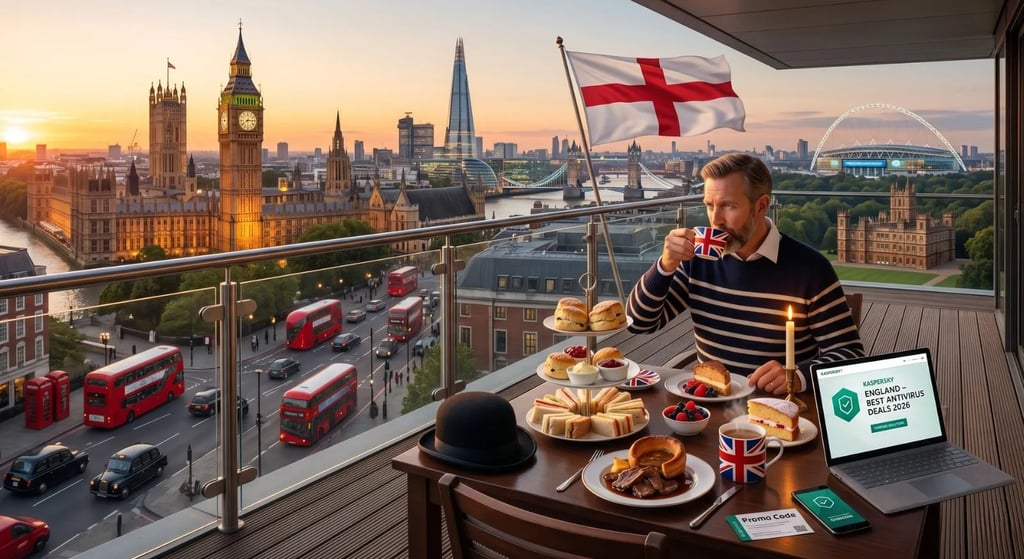Kaspersky England: Afternoon tea and Big Ben view from a London terrace with antivirus promo codes
