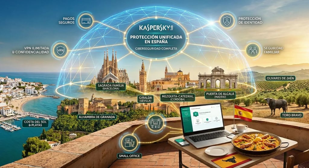 Vista panorámica de España protegida por Kaspersky. Sagrada Familia, Alhambra y paella en terraza bajo escudo digital