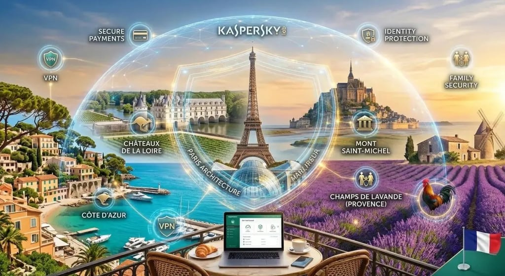 Vue panoramique de la France sous un bouclier Kaspersky. Tour Eiffel, Mont St-Michel, Côte d'Azur, café-croissant