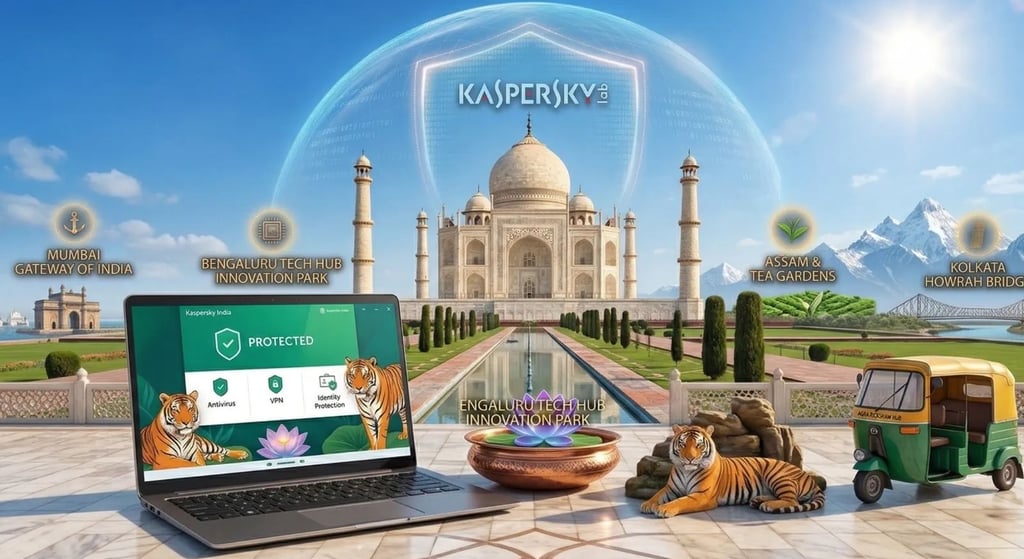 Laptop with Kaspersky India dashboard on a terrace facing the Taj Mahal, with a Bengal tiger and lotus flower