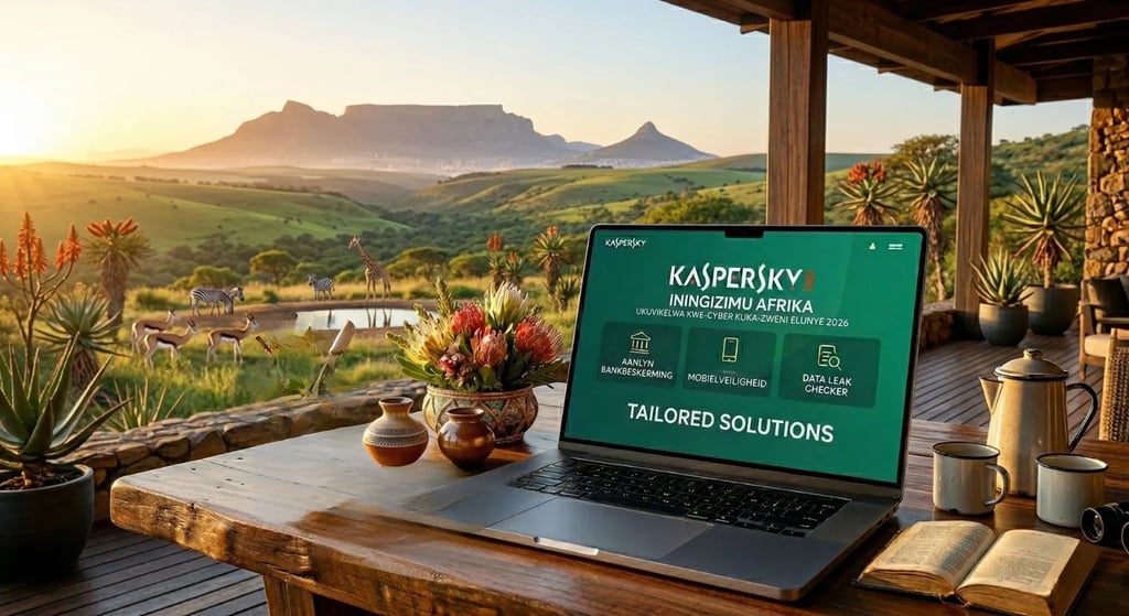 I-Kaspersky Antivirus kukhompuyutha ephathekayo kuvulandi obheke izintaba zase-Drakensberg ngezihlangu zesiZulu ngezilwane.