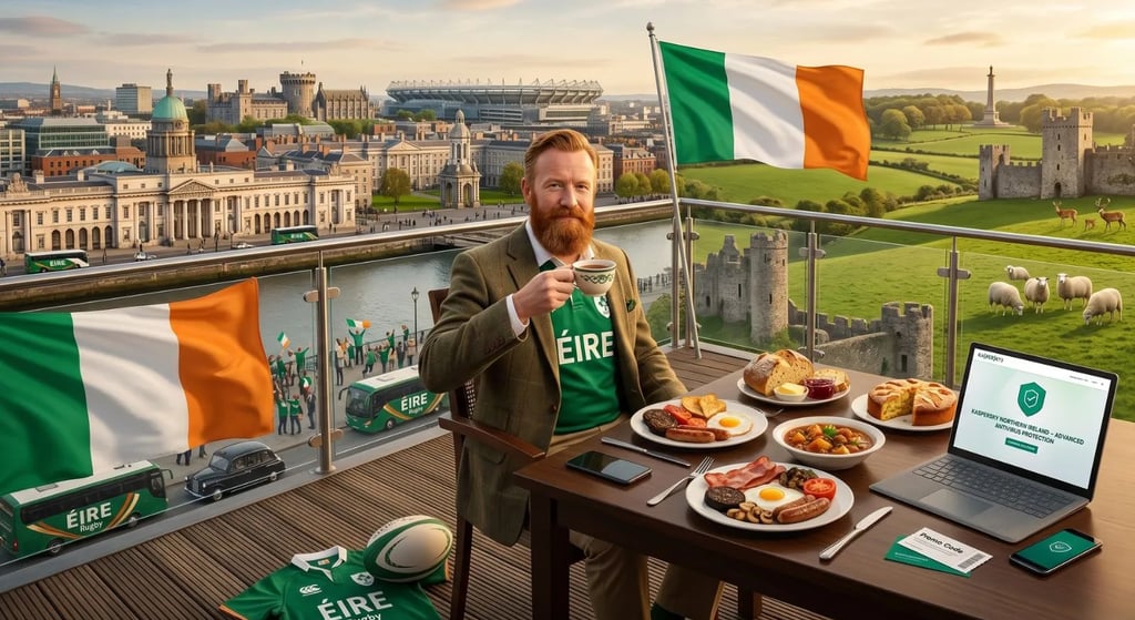 Fear i ngeansaí rugbaí ag ithe criospaí, caoirigh ar thaobh amháin agus séadchomharthaí na hÉireann 