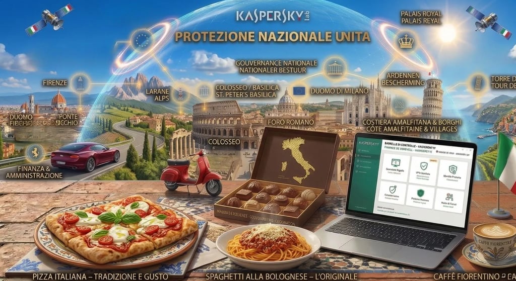 Laptop con Kaspersky a Roma con vista sul Colosseo, pizza e caffè. Protezione antivirus in Italia milano ferrari vespa pizza 