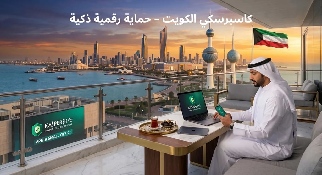 أمن كاسبرسكي الرسمي لمدينة الكويت يظهر أبراج الكويت وبرج الحمراء من شرفة مهنية.
