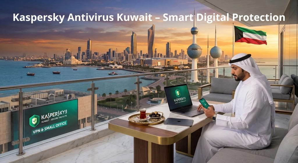 Official Kaspersky security for Kuwait City featuring the Kuwait Towers and Al Hamra from a professional terrace