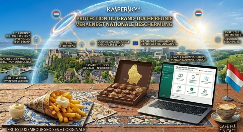 PC avec antivirus Kaspersky sur une terrasse au Luxembourg. Frites, chocolat et vue sur le Grund sous ciel bleu