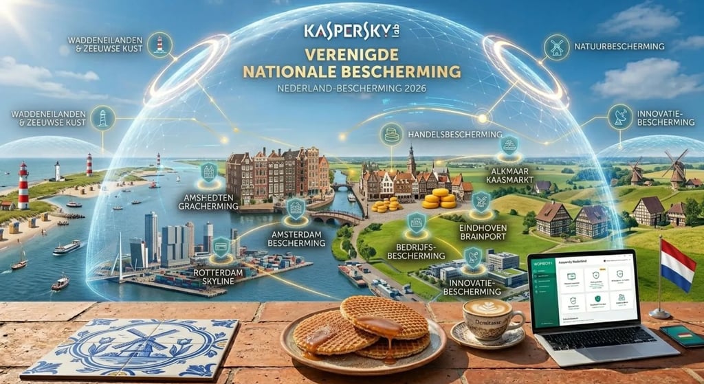 Kaspersky bescherming over Nederland met Amsterdamse grachten, Rotterdam skyline en stroopwafels. Veilig online in 2026.