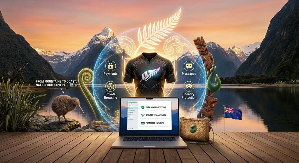 NZ fjord view with a laptop. Holographic shield featuring a rugby jersey, silver fern, Koru, and a Kiwi bird. Flag.🇳🇿