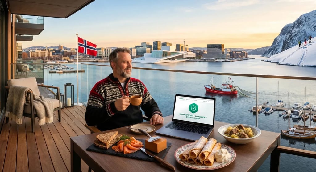 KASPERSKY NORGE Premium beskyttelse, Oslofjord terrasse, ski randonnée, Brunost, Krumkake, Dale genser