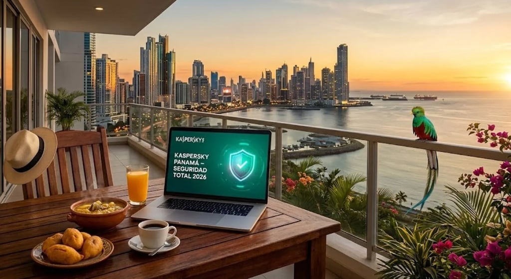 Vista desde una terraza en Punta Pacifica con el skyline de Ciudad de Panamá y el Canal al fondo, un