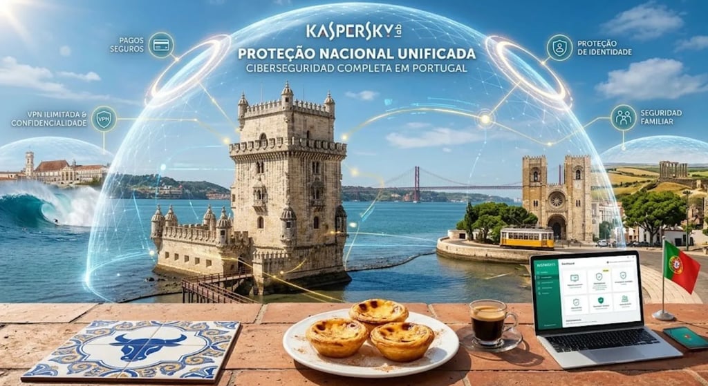 Vista de Lisboa com Torre de Belém e Pastéis de Belém protegidos pela Kaspersky. Cibersegurança completa em Portugal.