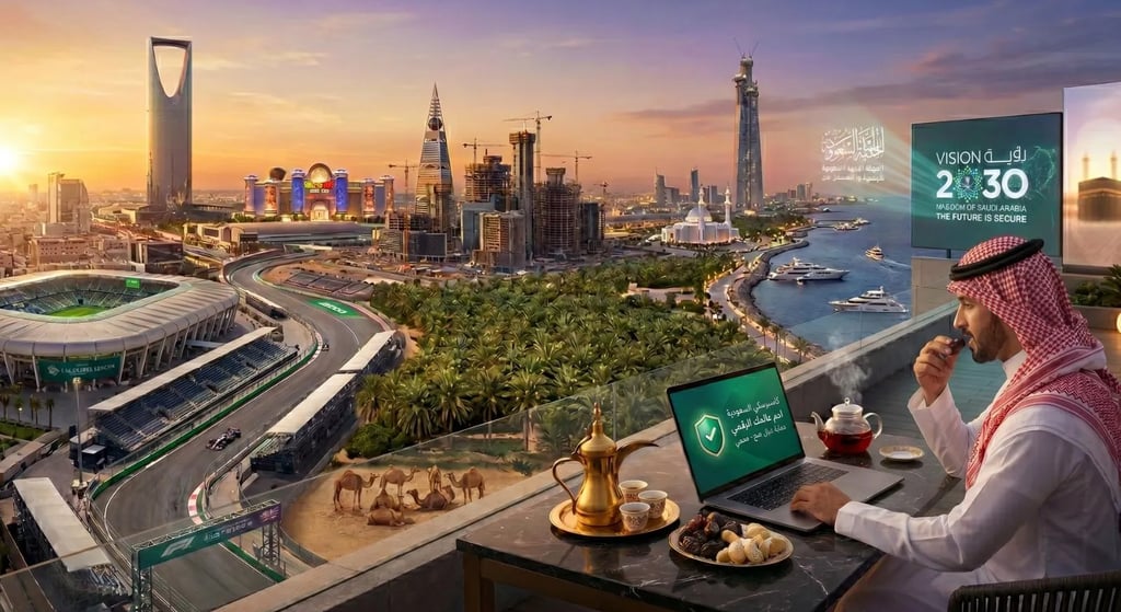 كاسبرسكي السعودية، حماية بريميوم، رجل يرتدي الشماغ يتناول التمر بيده اليمنى، برج المملكة، الكعبة المشرفة وشاشة باللغة العربية