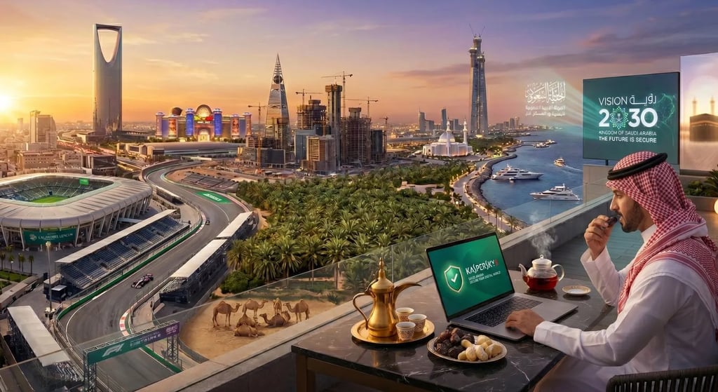 KASPERSKY SAUDI ARABIA Premium Antivirus, Shumagh, Right Hand Eating Ajwa Dates, Dallah, Kingdom Centre, F1, Kaaba & Arabic .