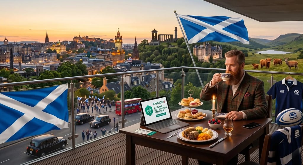 Kaspersky Scotland: Haggis and Edinburgh Castle view from a terrace with premium security offers