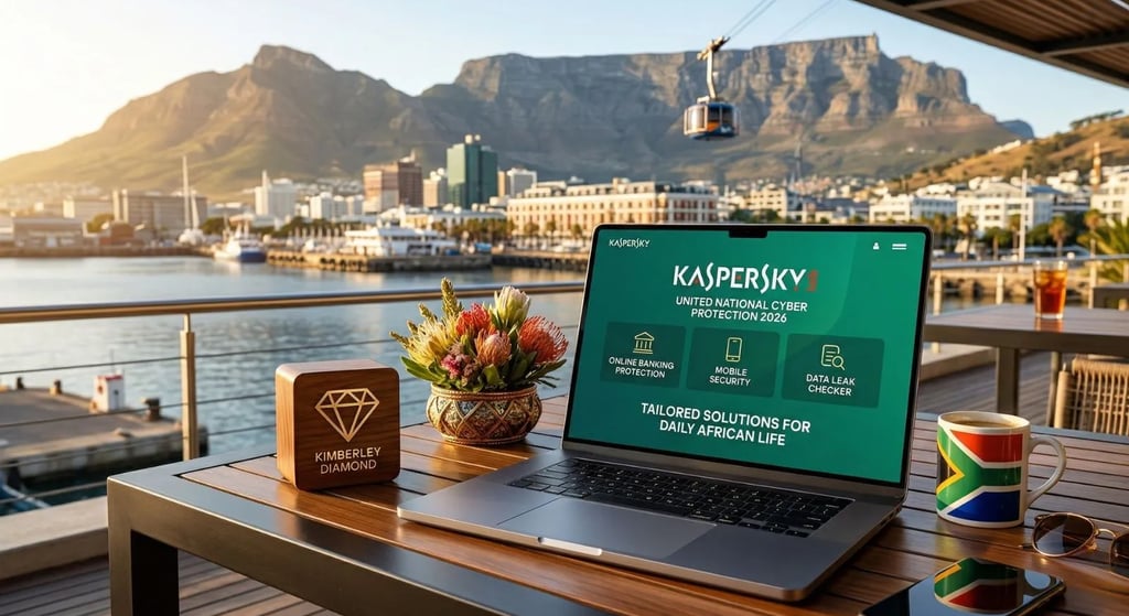 Kaspersky 2026 antivirus protection laptop luxury terrace Table Mountain iCape Town, Kimberley diamond South African protea 