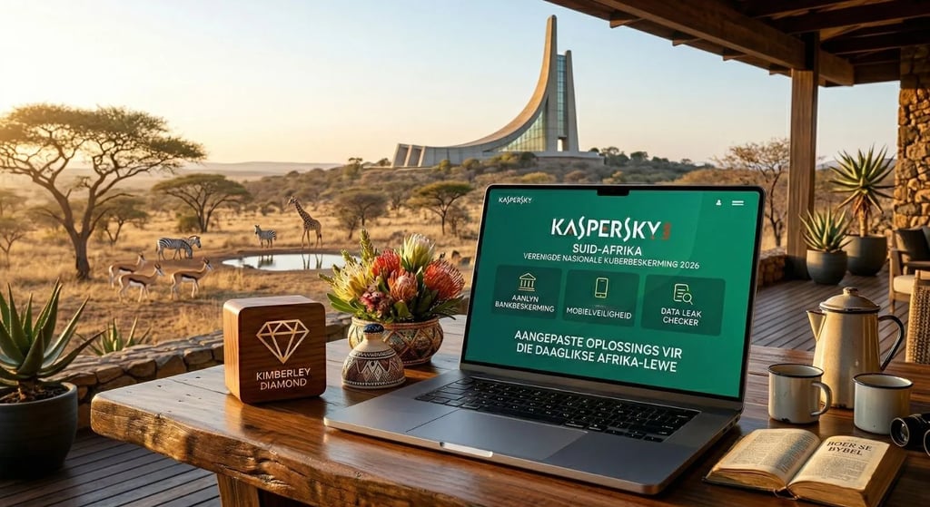 Kaspersky-sagteware op skootrekenaar met uitsig oor Taalmonument en wildtuin, met 'n Bybel en proteas.