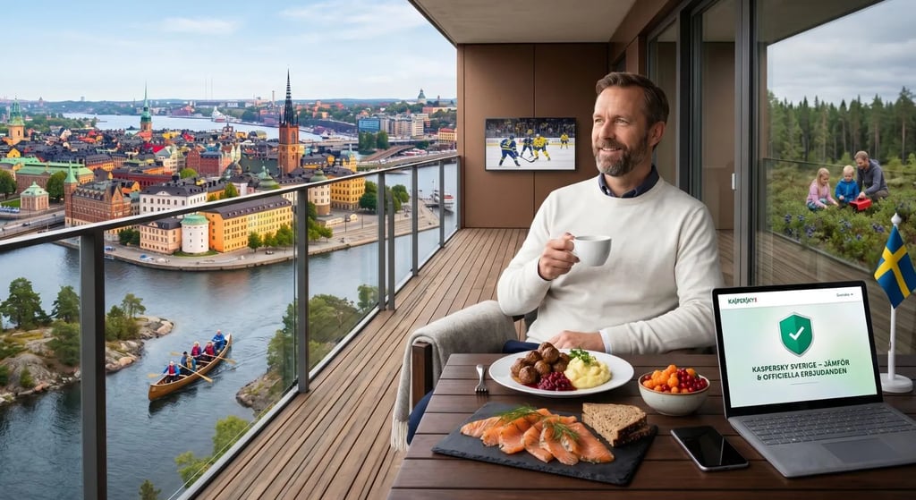 Kaspersky Sverige premiumskydd på en terrass i Stockholm med fika, köttbullar, gravlax och utsikt över Gamla Stan