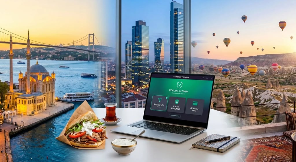 Kaspersky Premium yüklü laptop, İstanbul Boğazı, Levent iş merkezi, Kapadokya manzaralı ve masada döner kebab ve çay.