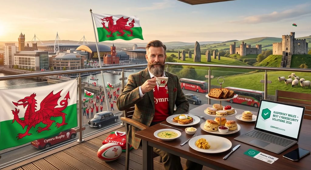 Kaspersky Wales: Welsh cakes and castle view with best antivirus and VPN deals