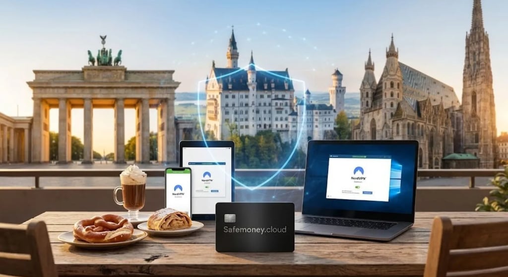 NordVPN in Deutschland und Österreich: Schutz am Neuschwanstein, Brandenburger Tor mit Brezel und Apfelstrudel.