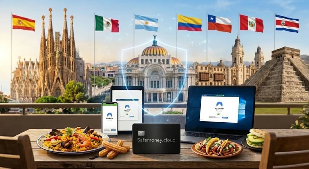 NordVPN en España y Latinoamérica: Seguridad en Sagrada Familia y Chichén Itzá con Paella y Tacos tradicionales.