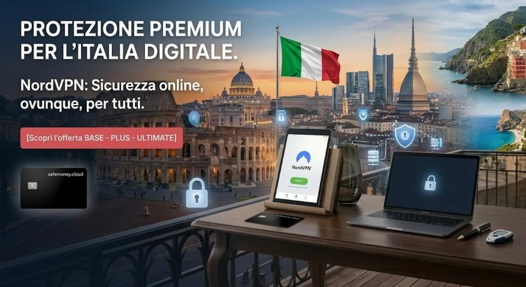 Panorama di Roma, scrivania moderna con laptop, Colosseo e bandiera italiana Cinque Terre