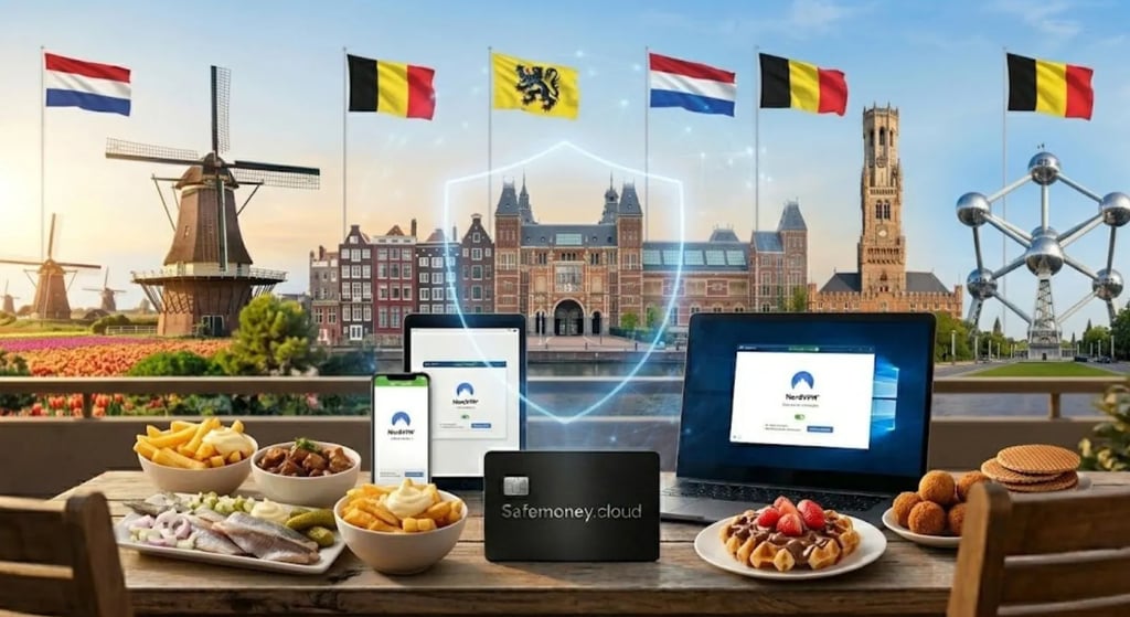NordVPN in Nederland en België: Veiligheid bij de molens en het Atomium met typische frieten en Belgische wafels.