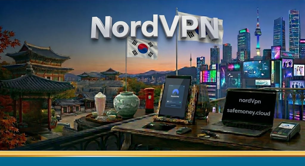 경복궁 스타일의 한옥, 단풍나무, 현대적인 서울의 야경과 한국 국기.