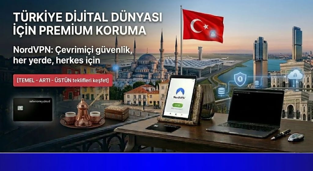 İstanbul manzarası, Boğaz, Türk bayrağı ve modern teknoloji çalışma alanı.
