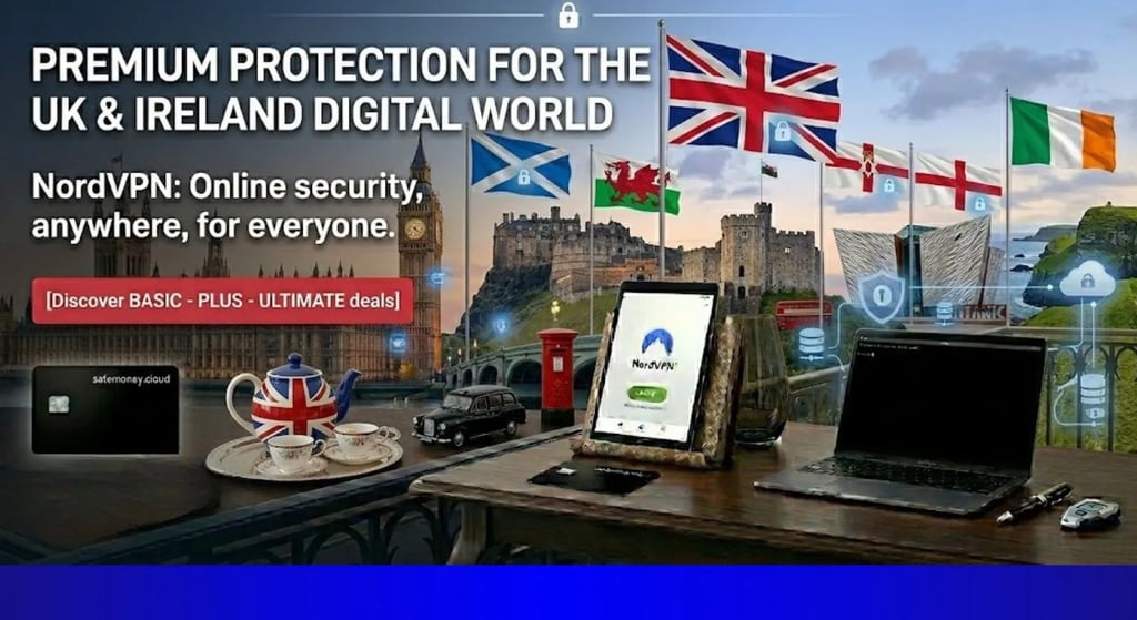 London skyline with Big Ben, Union Jack flag, and a professional workspace.