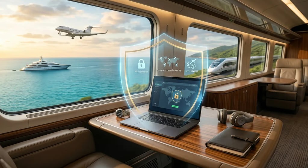 Secure laptop for nomads with private jet, yacht & fast train. Shield icons for Wi-Fi safety & travel savings. 2026 VPN.