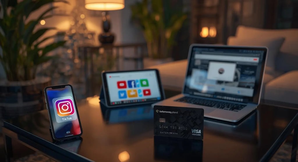 Modern living room with smartphone showing Instagram TikTok WhatsApp, laptop with Facebook X YouTube, tablet Telegram apps