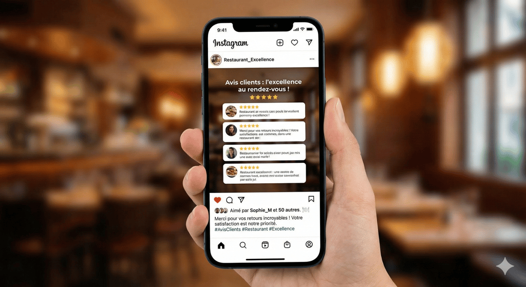 Illustration de la solution Notiia, transformation des avis en visuels réseaux sociaux