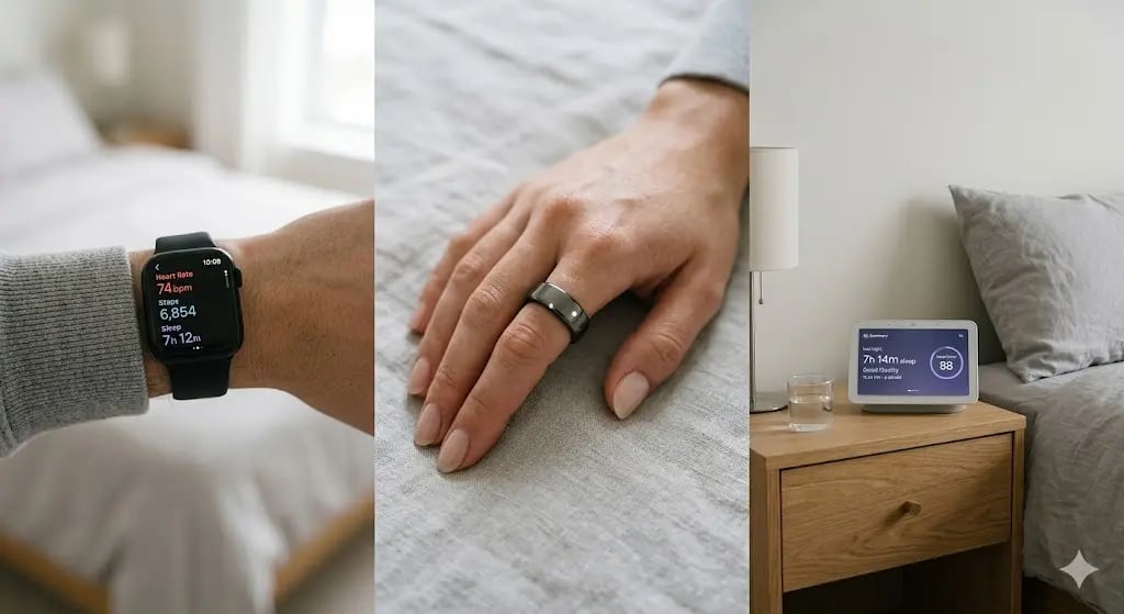 A person using a smartwatch, smart ring, and bedside display to track sleep health and heart rate data.