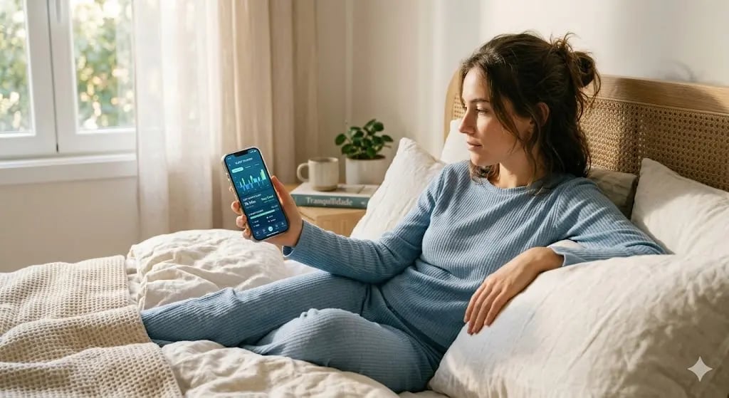 A woman in blue pajamas sitting in bed and checking her sleep tracking mobile app on a smartphone.