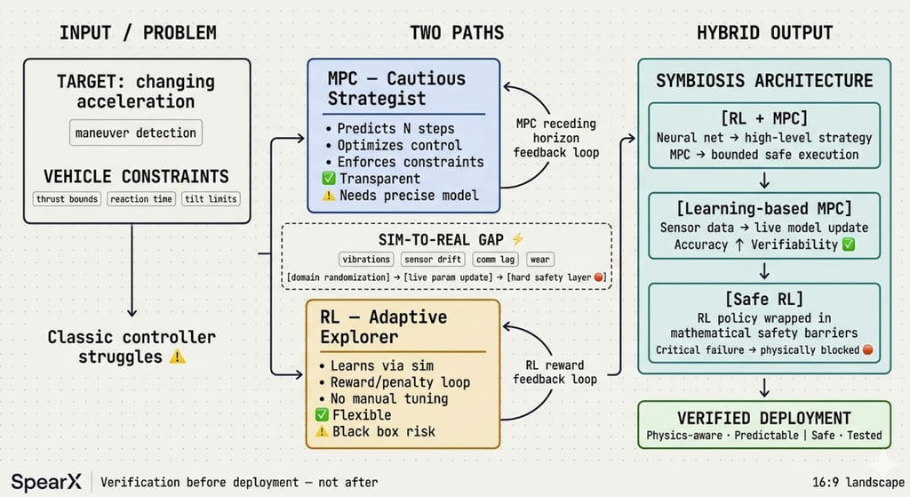 Diagram comparing MPC and RL control systems for vehicle maneuver detection and symbiosis architecture.