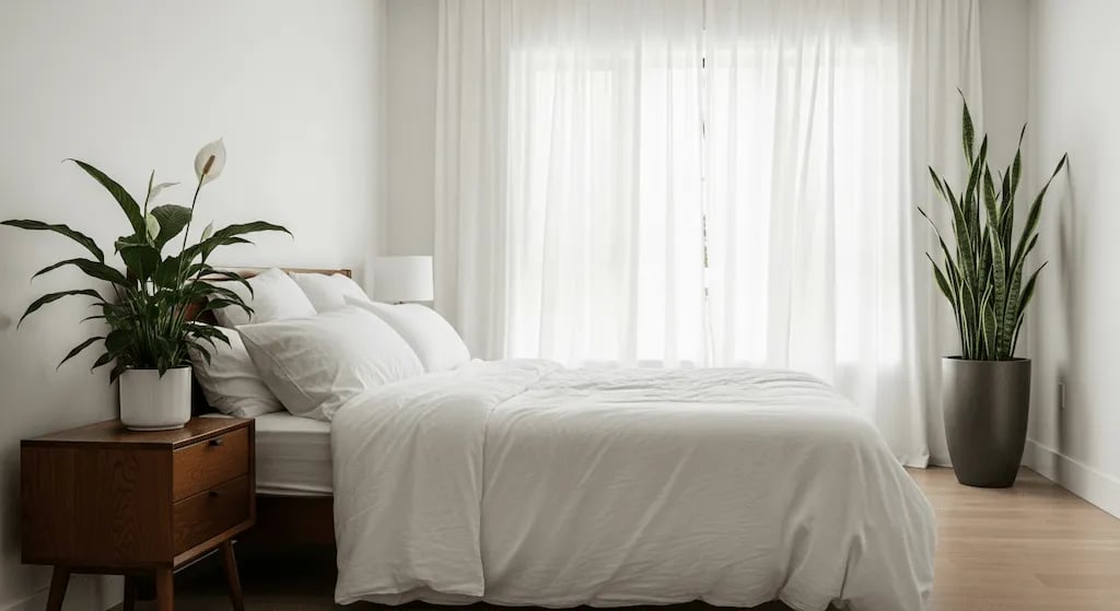 Dormitorio decorado con plantas purificadoras de aire como la Sansevieria y el Lirio de la Paz