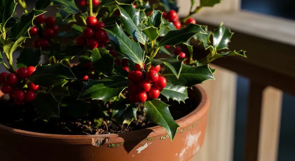 Un arbusto de Acebo en maceta con hojas espinosas y bayas rojas brillantes, símbolo de la Navidad.