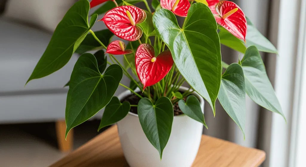 Un Anturio Rojo con flores brillantes en forma de corazón y hojas verdes lustrosas en maceta blanca.