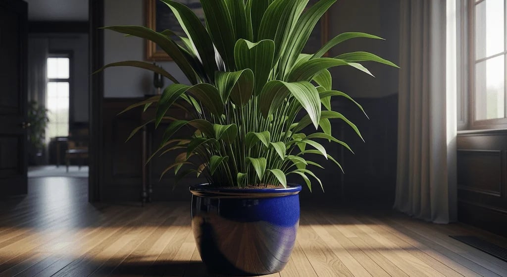 Una frondosa planta Aspidistra elatior (Planta de Hierro Fundido) con sus largas hojas verde oscuro
