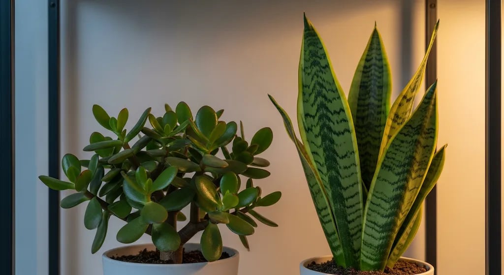 Un Árbol de Jade y una Sansevieria sanas en una estantería.