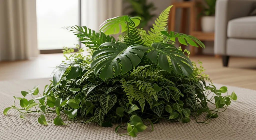 Grupo de plantas juntas en el centro de una habitación para crear humedad.