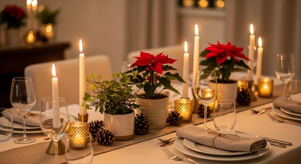 Centro de mesa navideño elegante hecho con plantas vivas en maceta, velas y piñas.