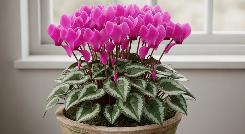 Ciclamen mostrandose florecido en ambiente de luz.