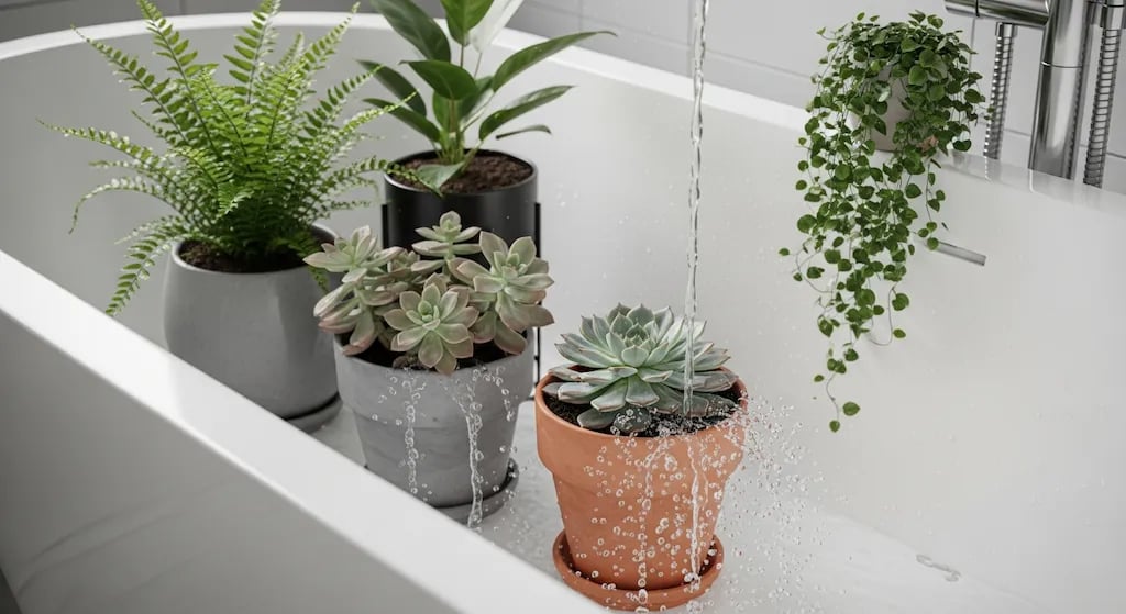 Plantas en la bañera recibiendo un riego profundo y drenando el agua.