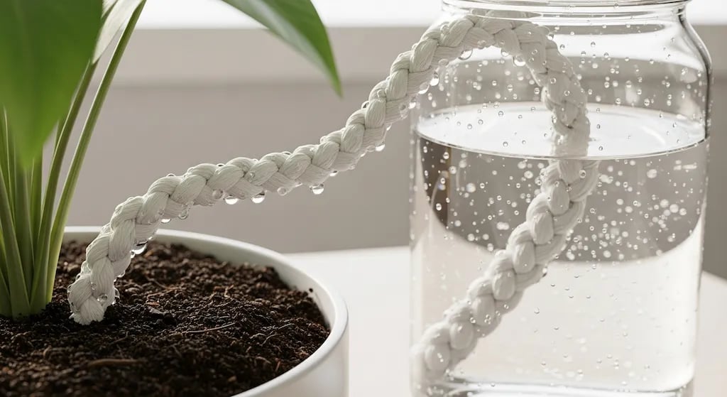 Sistema de autorriego casero con un tarro de agua y un cordón de algodón.