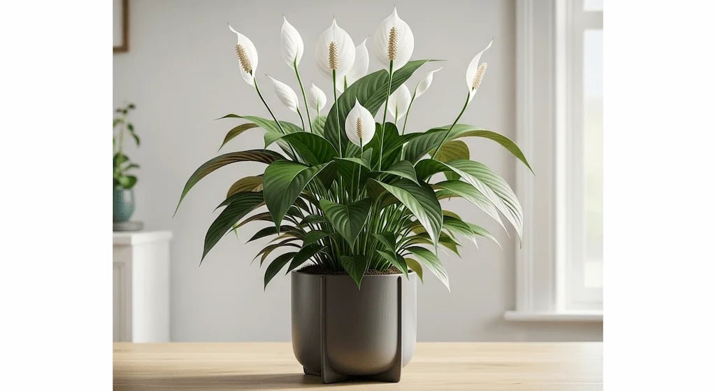 Un frondoso Espatifilo (Lirio de la Paz) con hojas verde oscuro y varias flores blancas